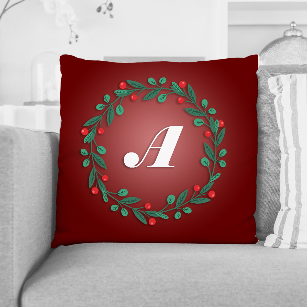 Custom Christmas Wreath Monogram Pillow